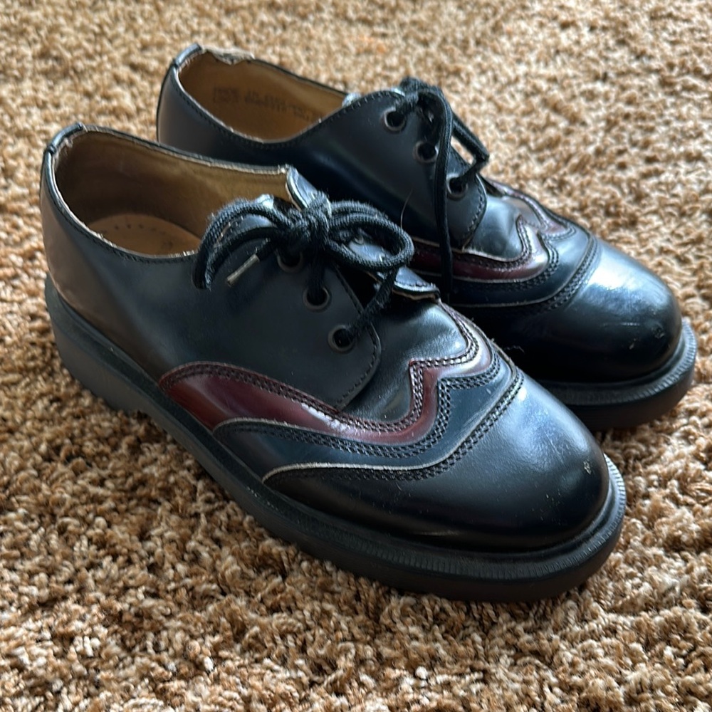 1990s Dr.Martens Black Blue and Red Leather Men’s Loafers Size 4